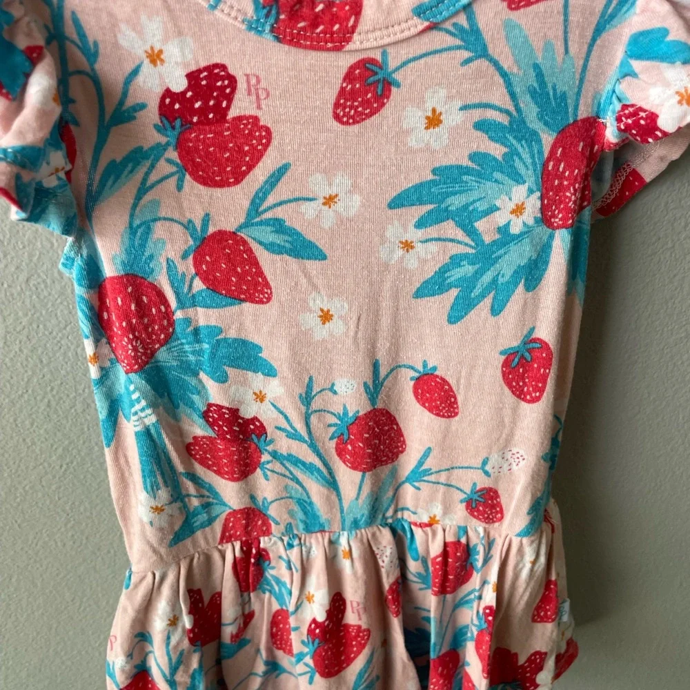 Posh Peanut Bamboo Pink and Green Strawberries Bodysuit Twirl - Picture 2 of 5